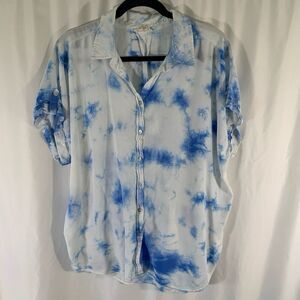 Jane Delancey Blouse Women's 1X White Blue Tie Dye Button Up Short Sleeve